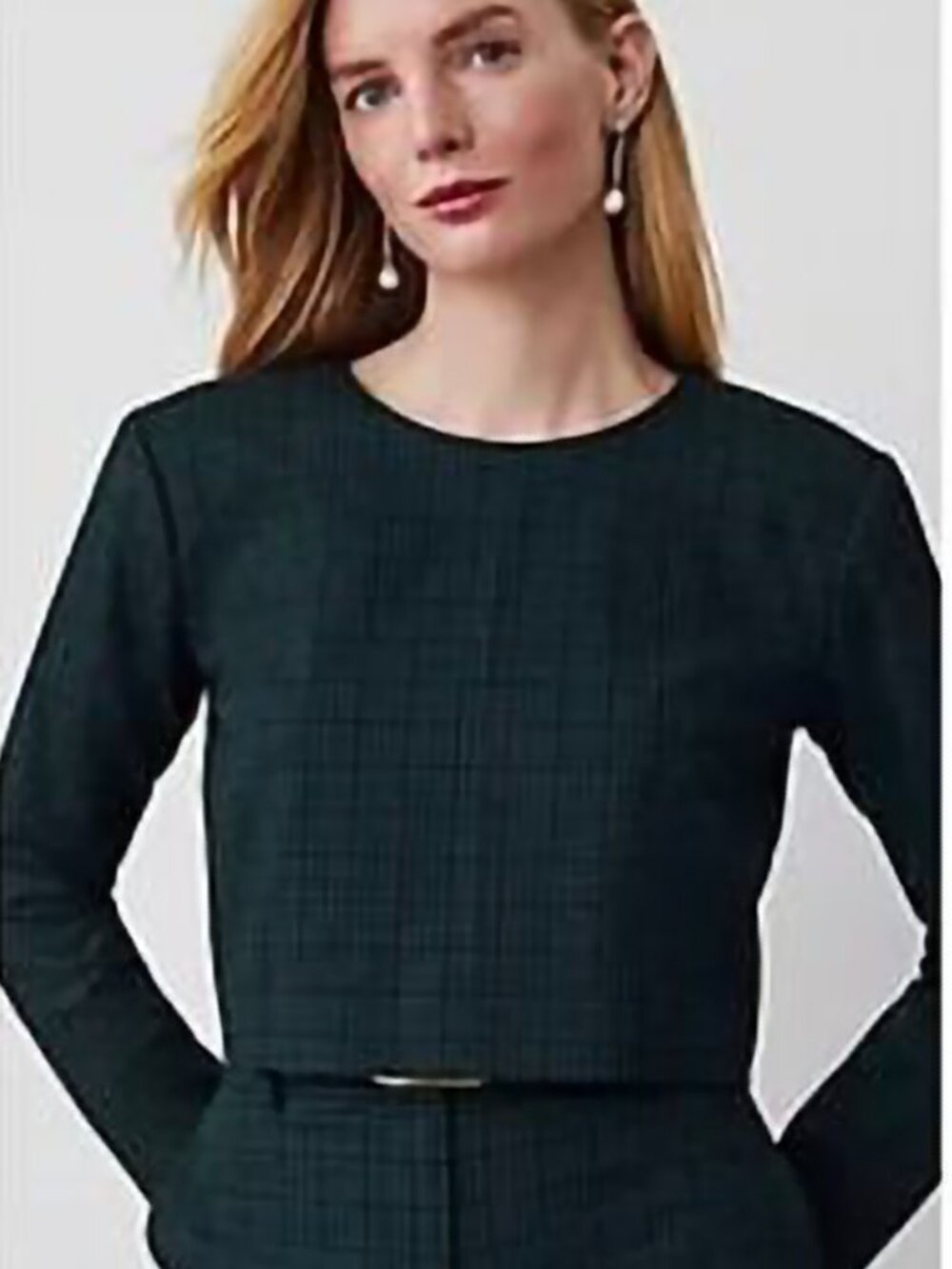 Ann Taylor Dark Green Plaid Long-Sleeve Cropped Jacket Blouse